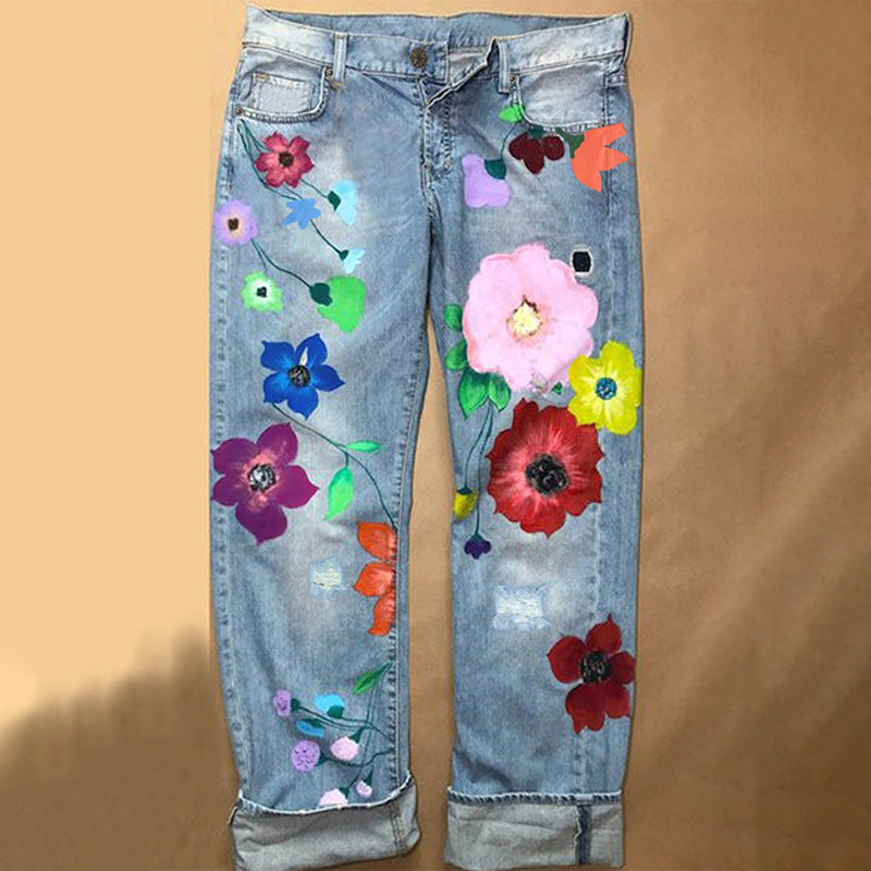 Women's Fashion Printed Denim Trousers Half-length Jeans