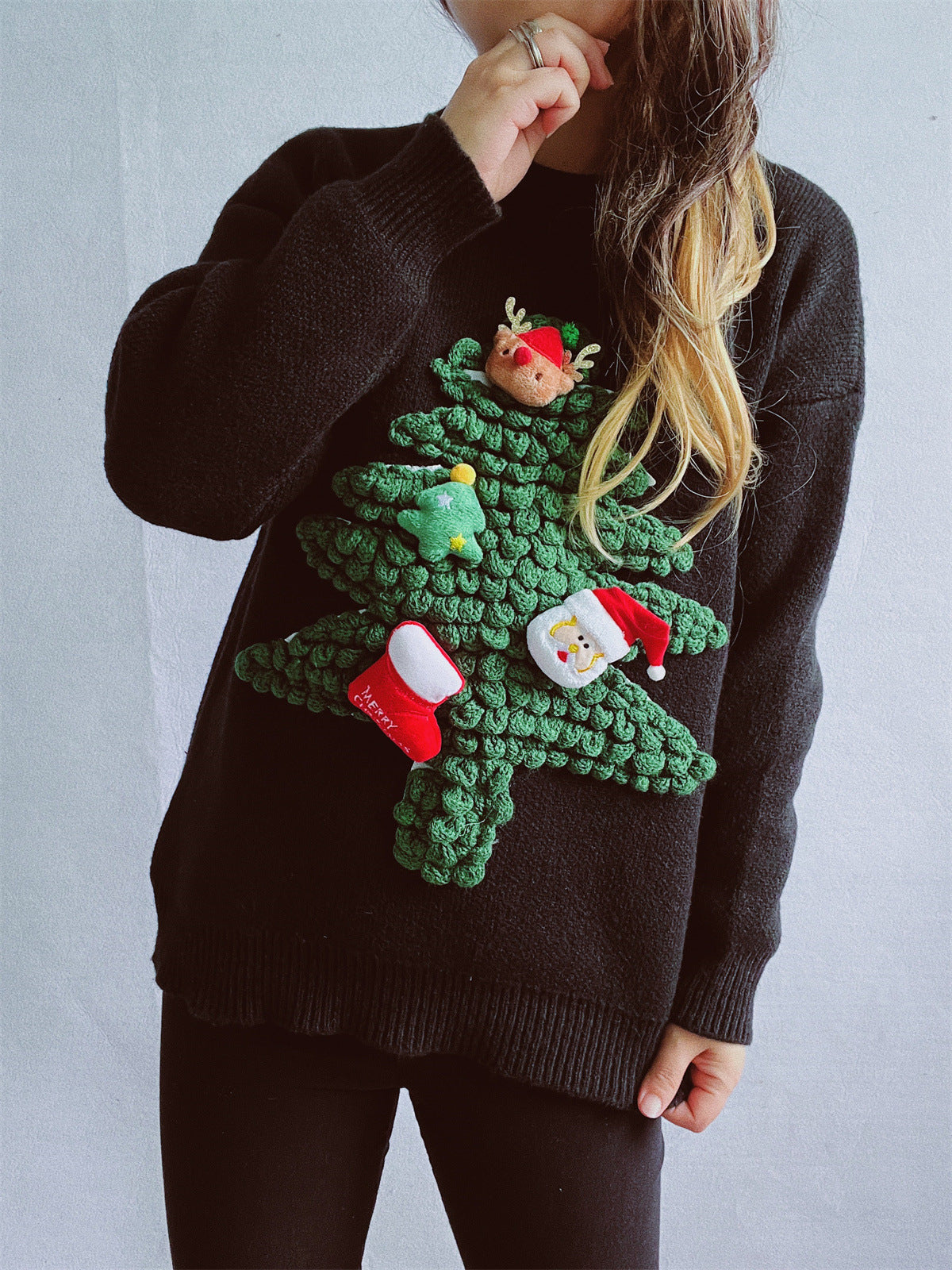 Women's American Three-dimensional Flocking Christmas Tree Red Sweaters