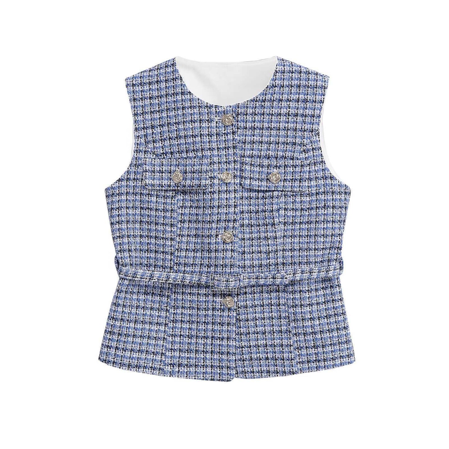 Women's Round Neck Decorative Waist Belt Classic Tops