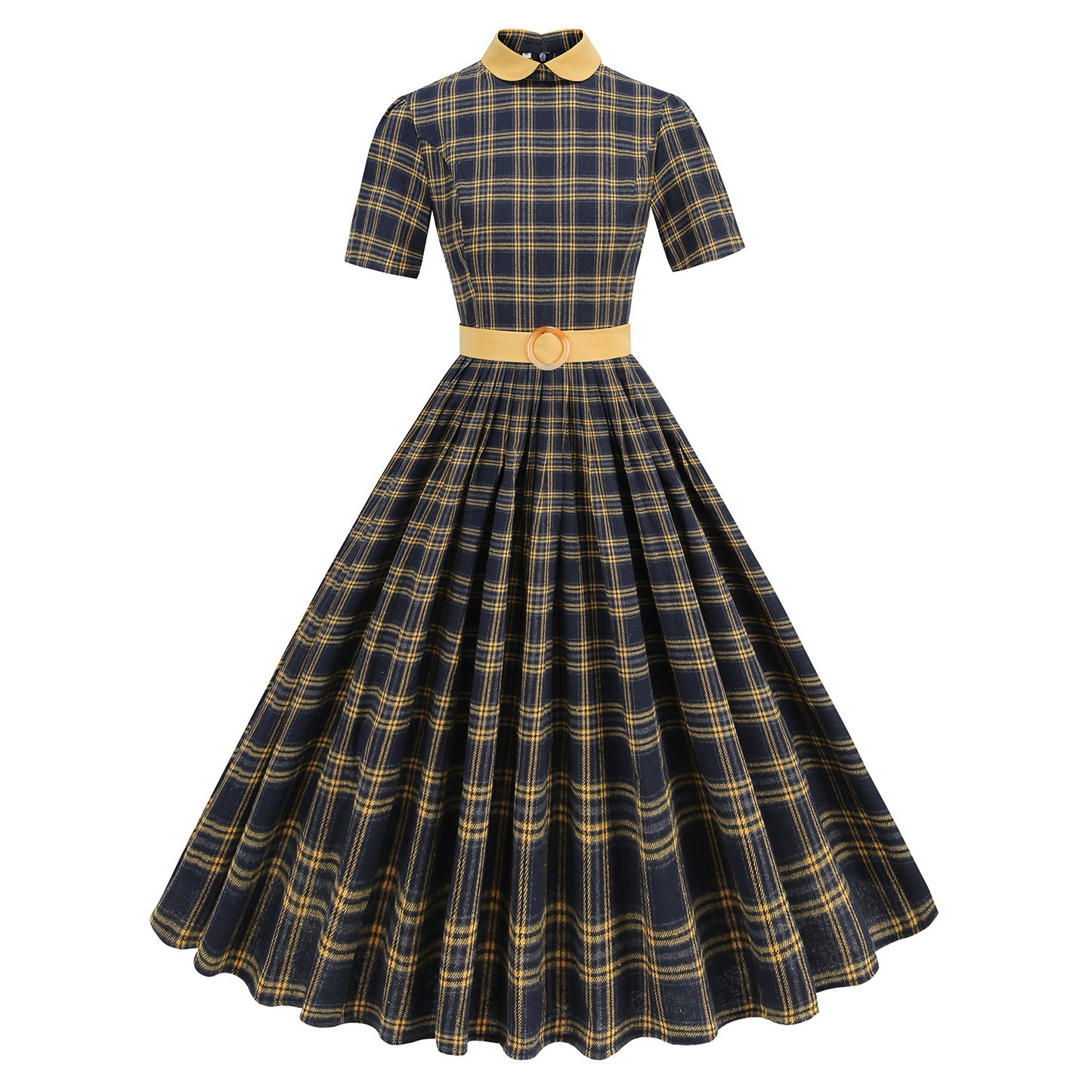 British Court Retro Contrast Color Lapels Pleated Plaid Elegant Dress