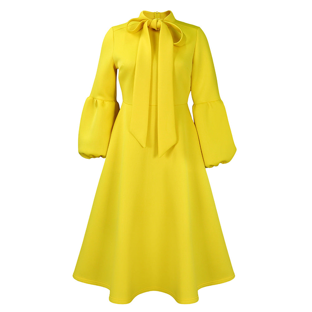Fashion Lantern Sleeve High Waist Bow Dresses
