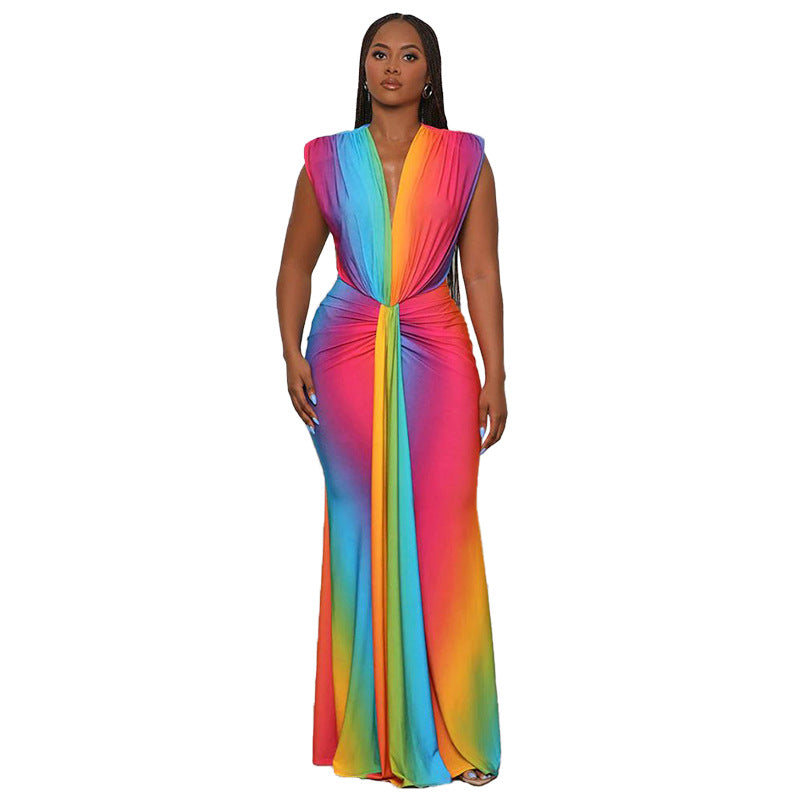 Women's Wear Sleeveless Printed Sexy Deep V Dresses