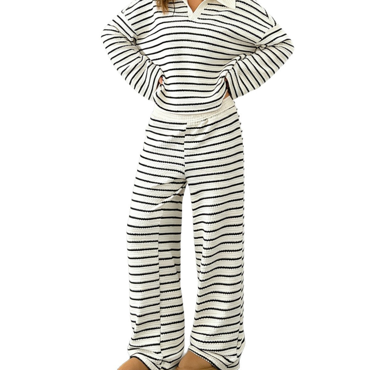 Women's Striped Lapel Fashionable Knitted Loose Long Sleeve Fashion Casual Suit