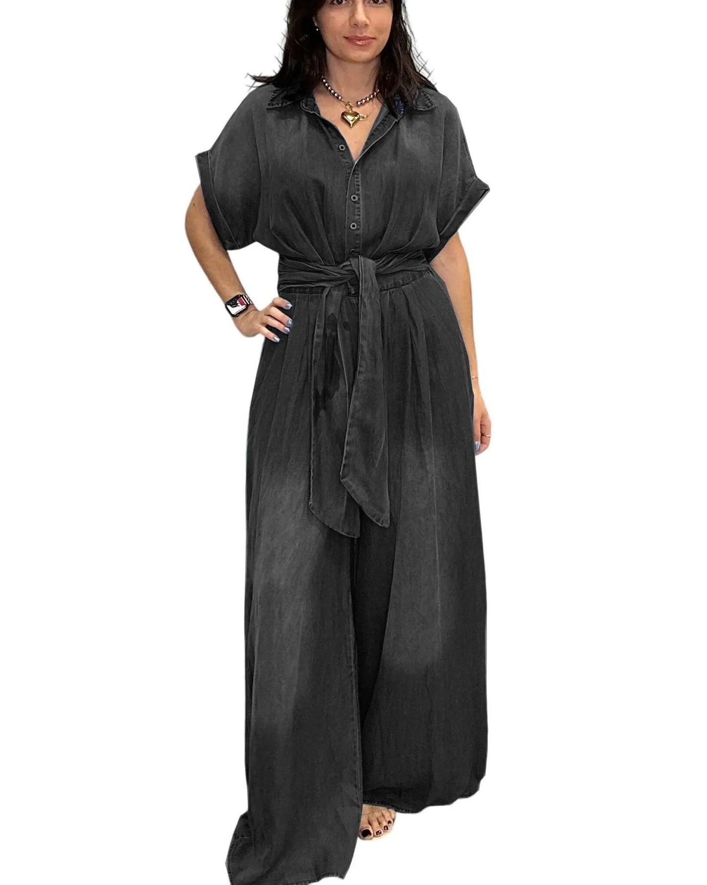 Women's Polo Collar Breasted Sleeve Loose Wide Shorts