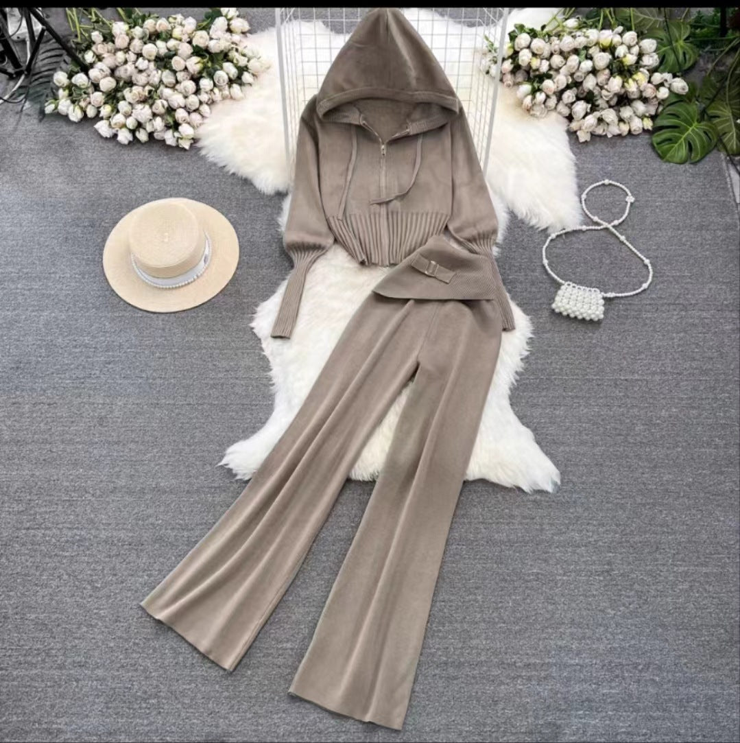 Women's Zipper Slim Fit Knitted Hooded Two-piece Set Suits