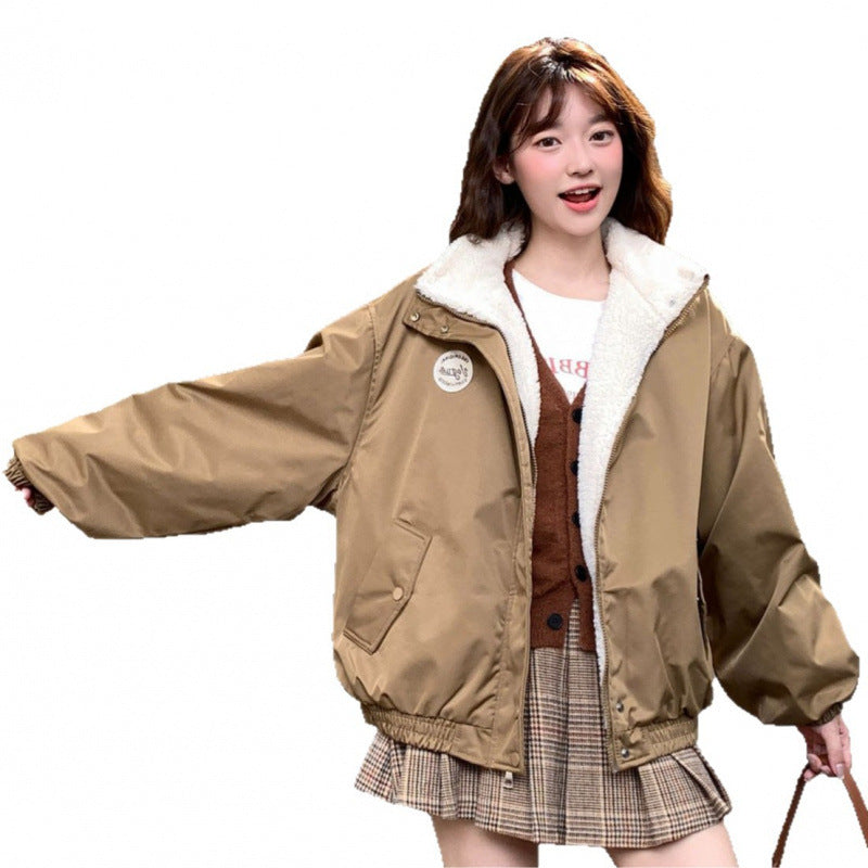 Women's Style Badge Stand Collar Loose Slimming Veet Padded Coats