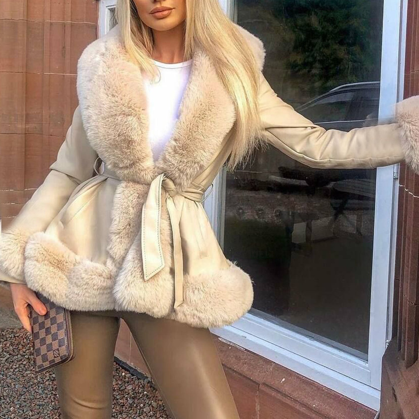 Women's Fur Collar Waist Slim Fit Patchwork Jackets