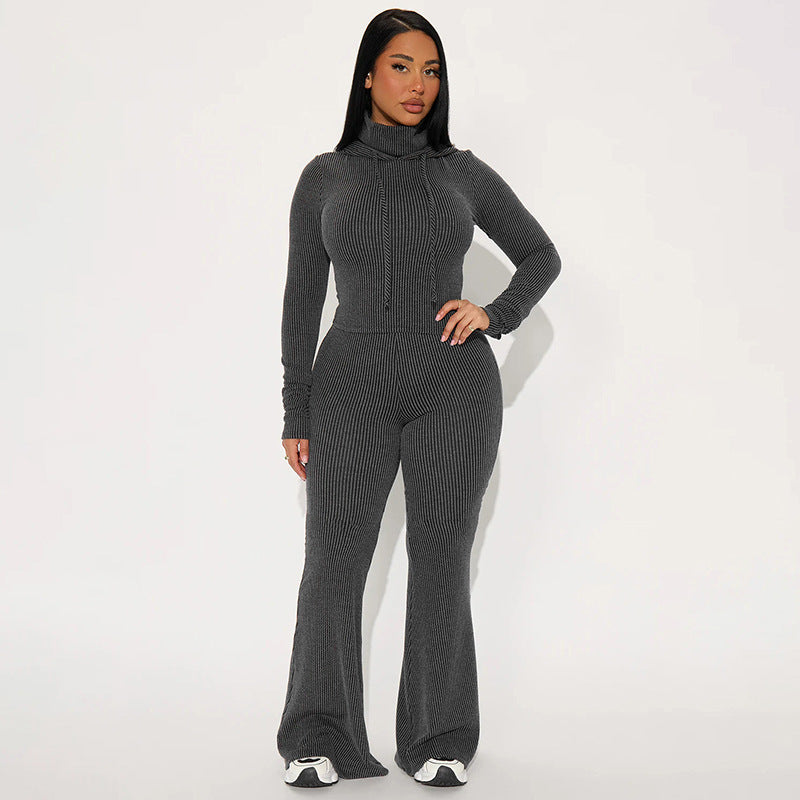 Women's Fashion Solid Color Turtleneck Hooded Bell-bottom Suits