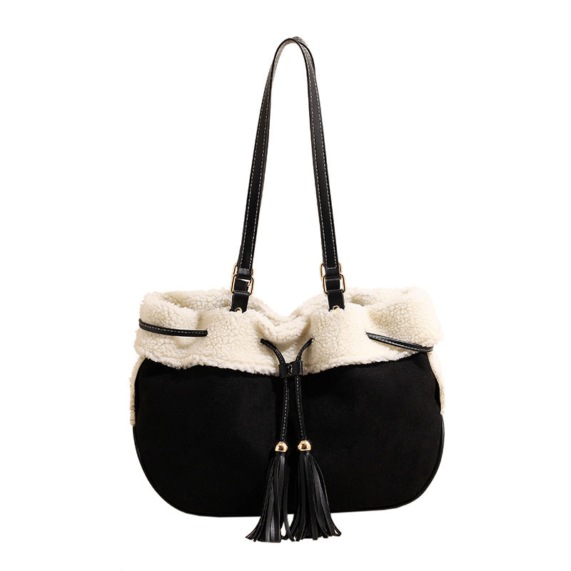 Women's Plush Large Capacity Korean Fashion Lamb Wool Retro Tote Bags