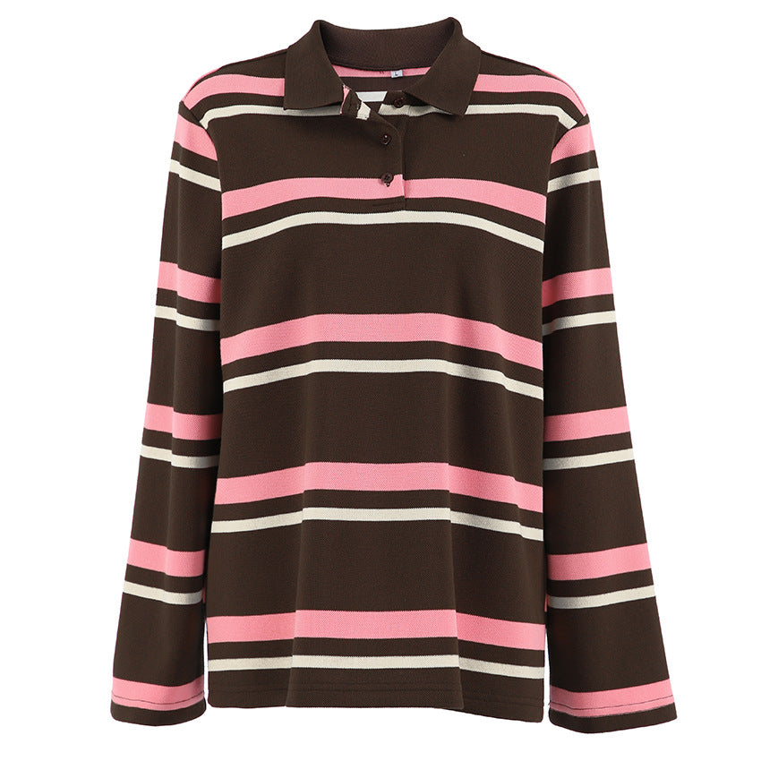 Women's Stripe Knitted Long-sleeved Shirt Slim Round Blouses