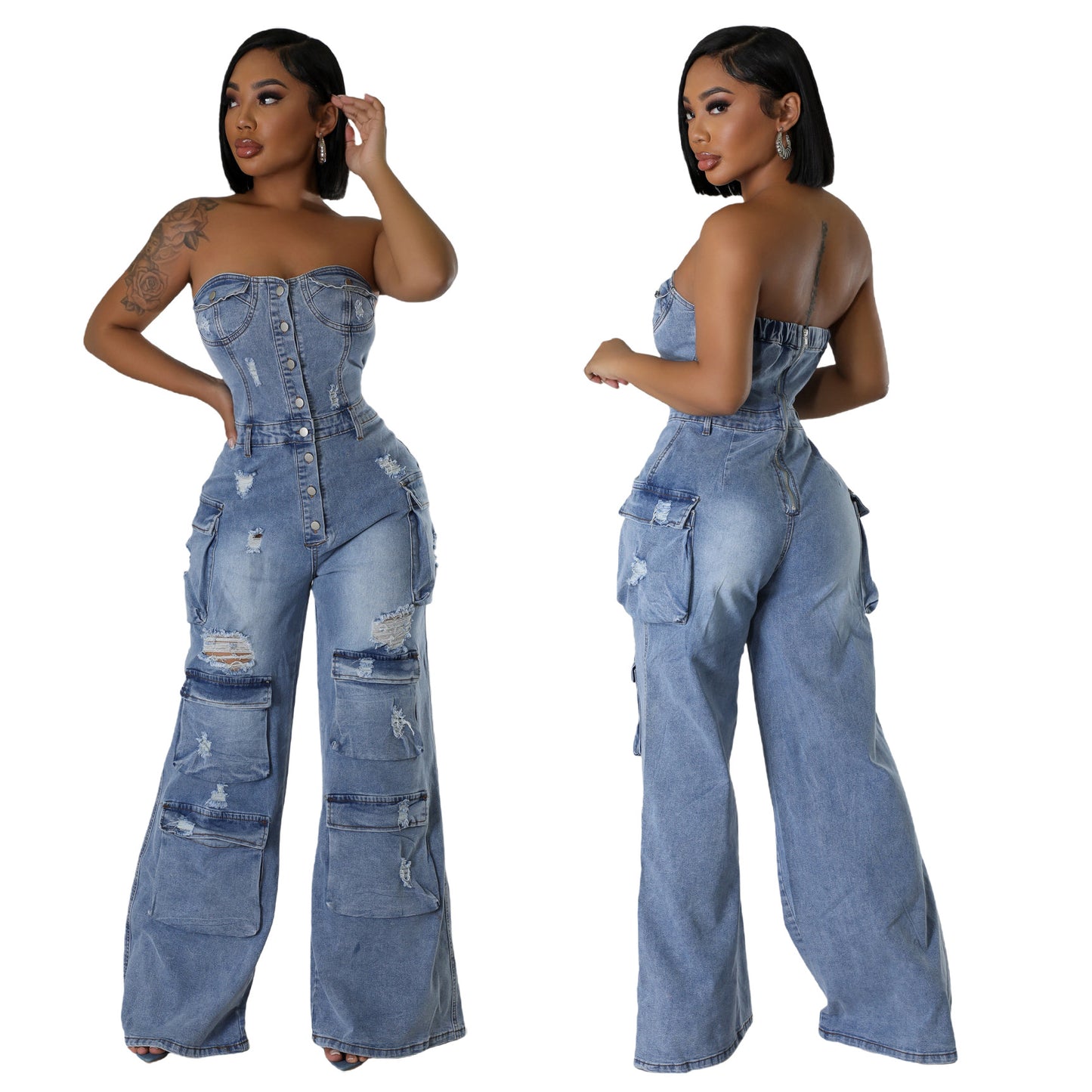 Women's Casual Fashion Tube Slim Fit Denim Jumpsuits