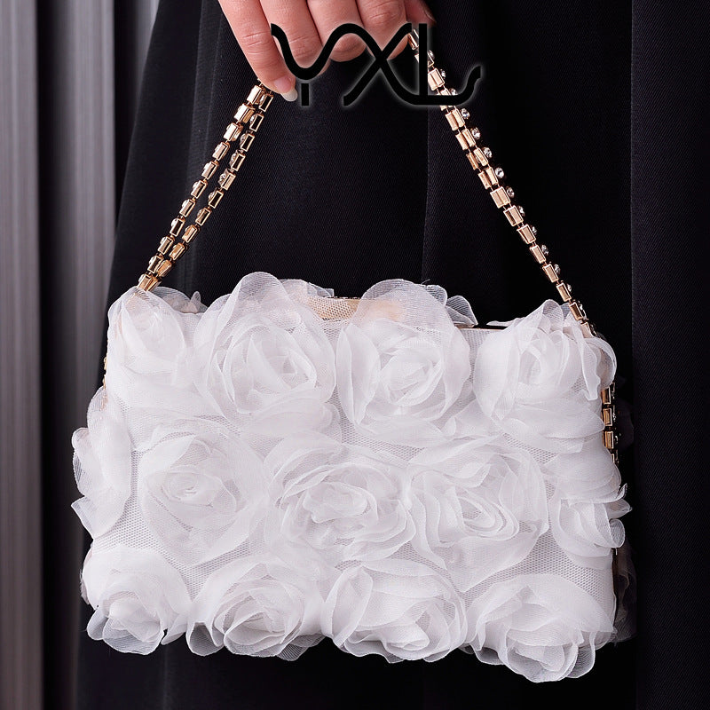 Women's Chiffon Flower Dinner Champagne Clutch Handmade Evening Bags