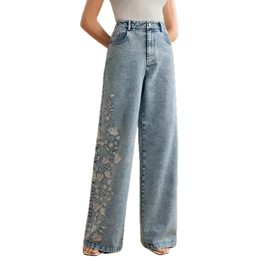 Women's Embroidered Detail Stretch Washed Denim Fashion Jeans