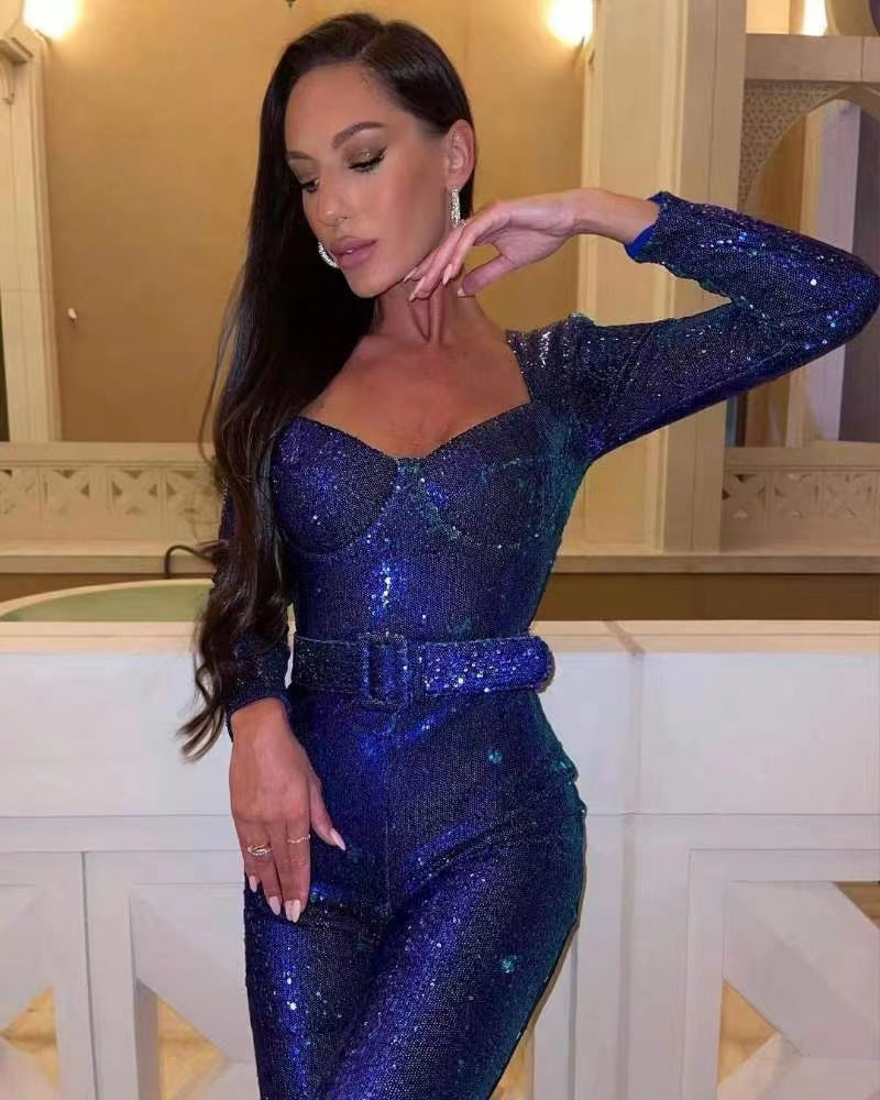 Women's Long-sleeved Belt Mopping Sequined Dress Fashion Jumpsuits