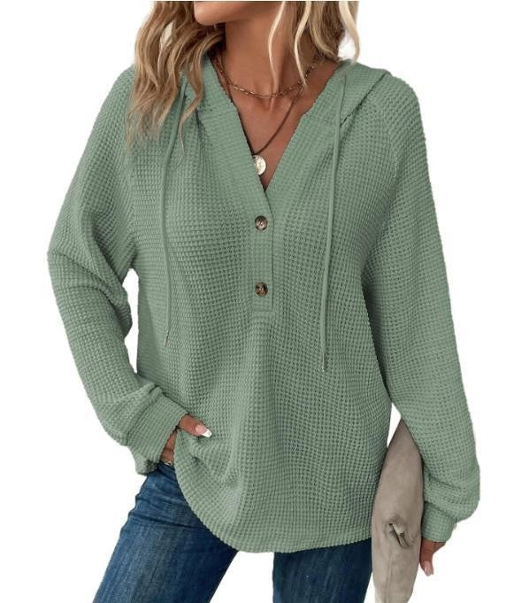 Women's Casual Waffle Knitted Drawstring Collar Decorated With Buttons Long Sleeve Women's Sweater, Sweater