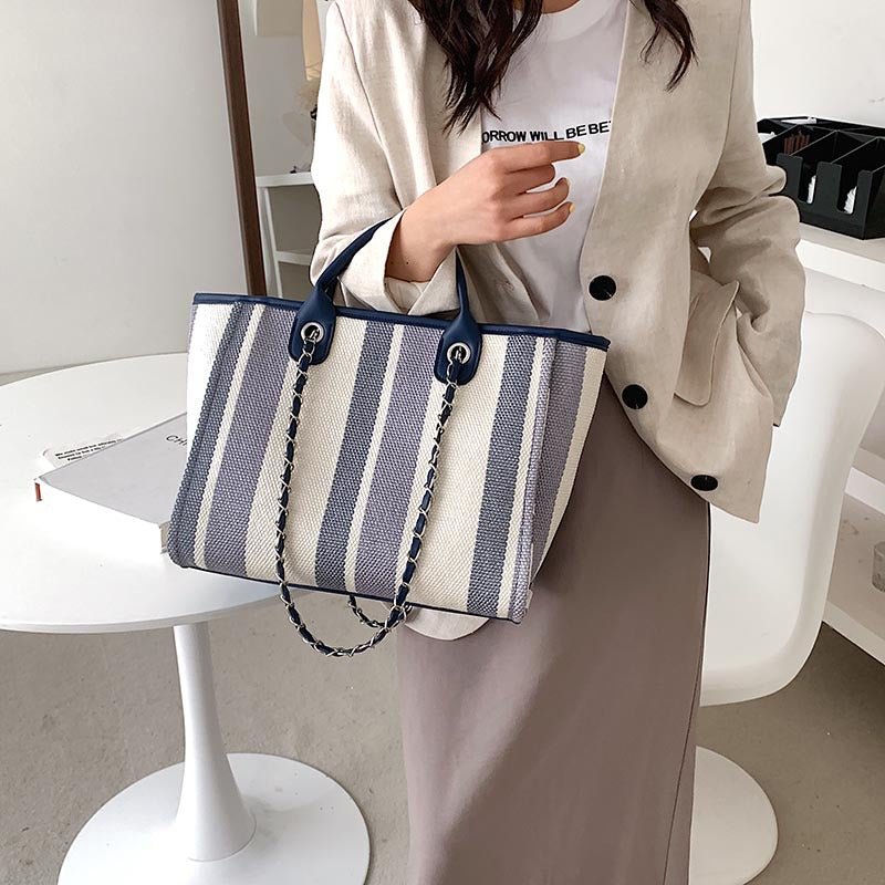 Women's Korean Style Large Capacity Striped Chain Shoulder Bags