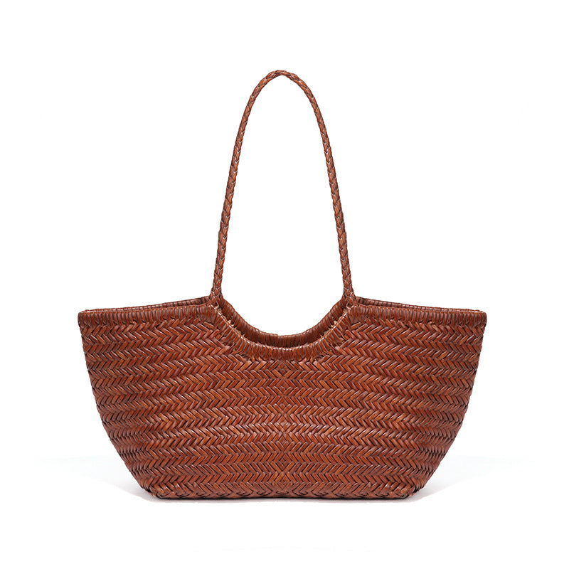 Women's French Retro Authentic Leather Weave Vegetable Basket Tote Bags