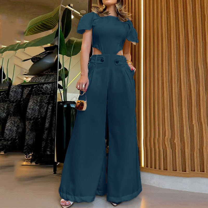 Button Zipper Waist Hollow Solid Color Jumpsuits