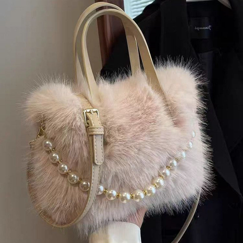 Women's Furry Fashion Pearl Plush Cute Commuter Crossbody Bags