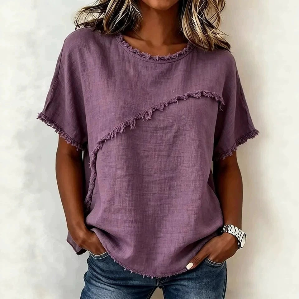 Women's Neck Casual Raw Edge Panel Loose Women's T-shirt
