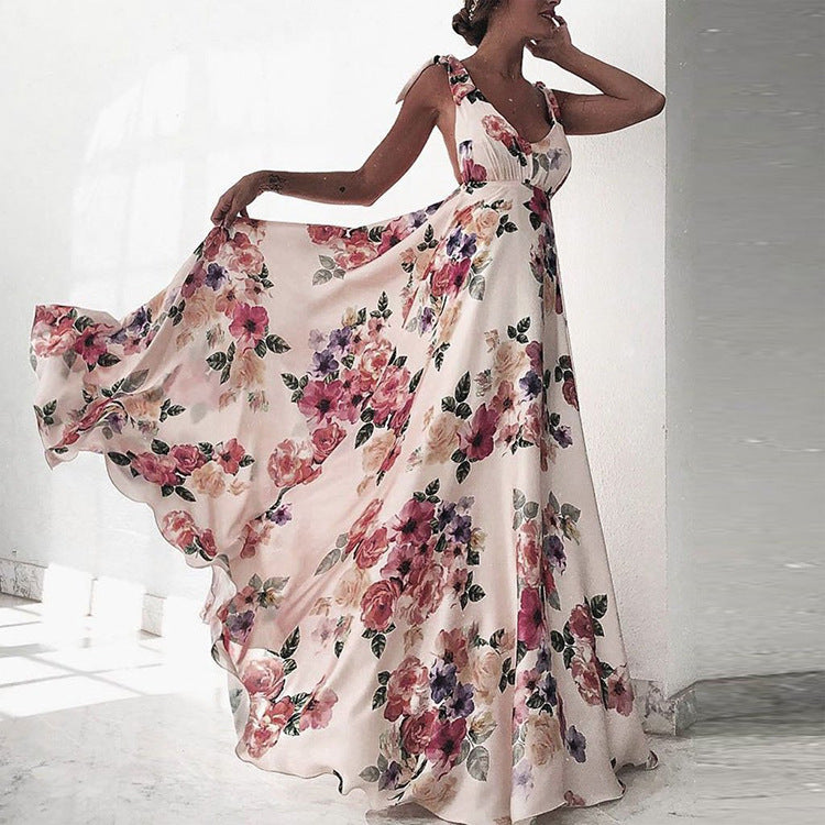 Women's Clothes Exposed Back Printed Large Swing Sleeveless Dress