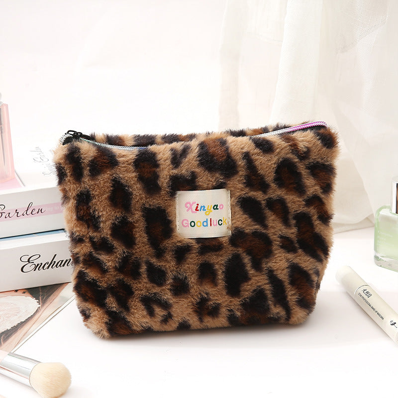 Plush Large Capacity Storage Leopard Print Hand-held Make-up Cosmetic Bags
