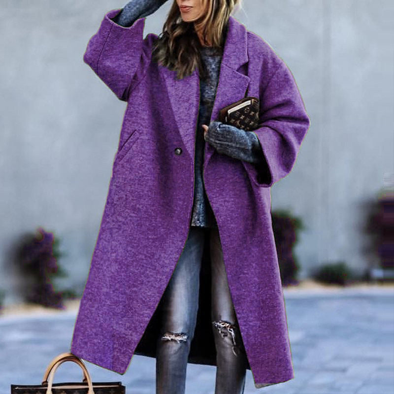 Women's Long Woolen Color Temperament Commute No Belt Lapel Loose Coats