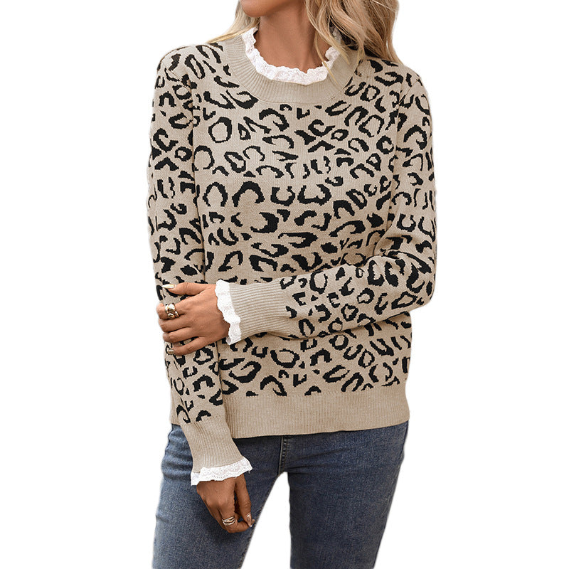 Women's Stitching Leopard Print Loose Comfortable Long Sweaters
