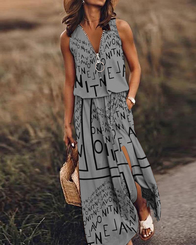 Women's Sleeveless Long Casual Waist Zipper Letter Dress