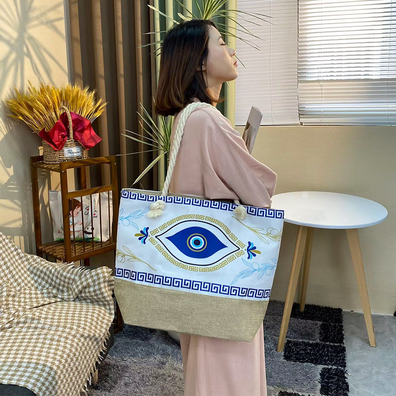Women's Beach Thick Rope Shopping Evil Eye Stitching Bags