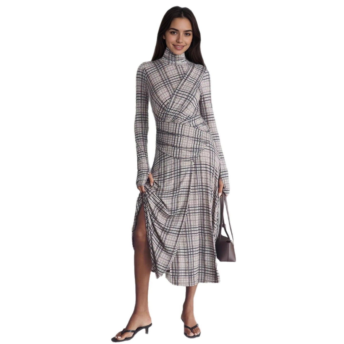 Women's Elegant Stand Collar Long Sleeve Plaid Dresses