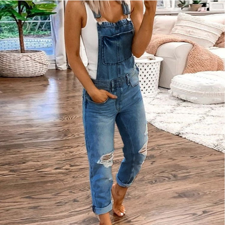Women's Suspender Trousers Ripped Washed Slim Fit Jumpsuits
