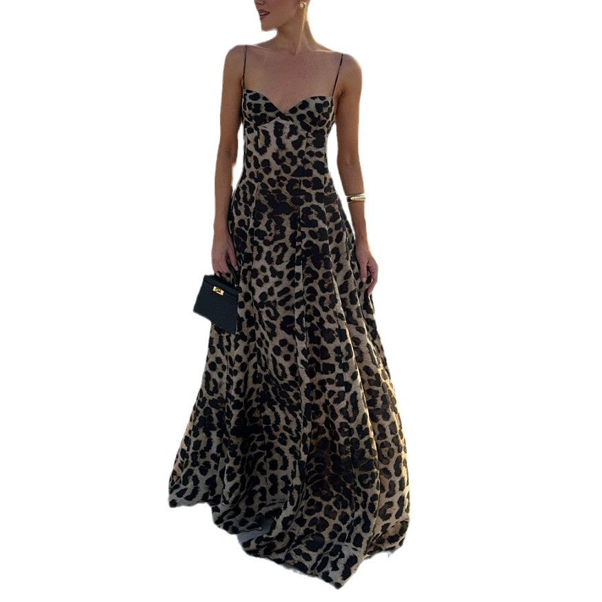 Women's Fashion Sexy Leopard Print Suspender Long Dresses