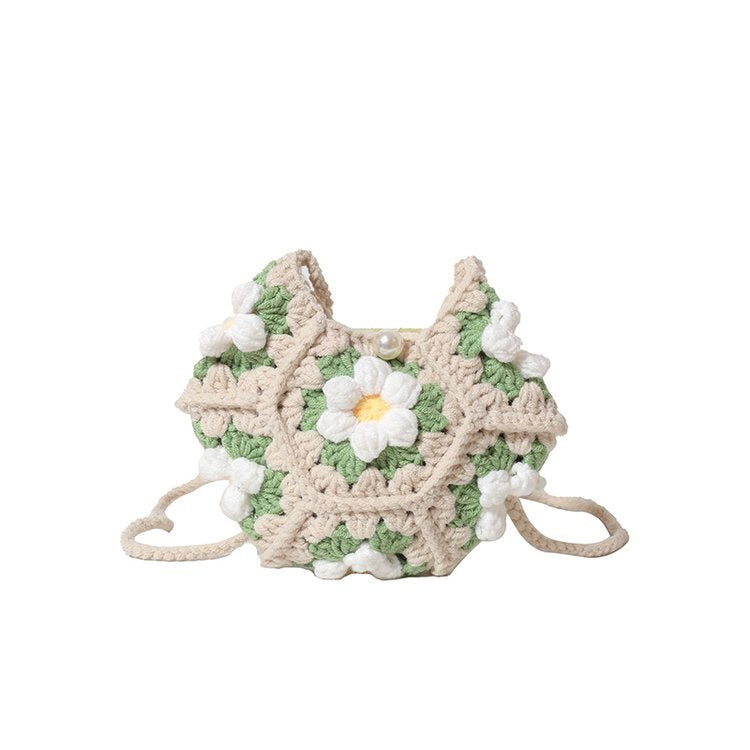 Women's Finished Handmade Crocheted Grandmother Plaid Flower Bags
