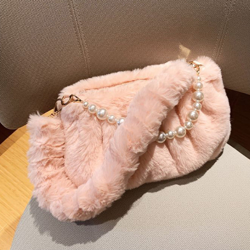 Women's Pearl Design Pleated Plush Fashion Underarm Shoulder Bags