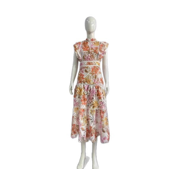 Women's Elegant French Spring Stand-up Collar Lace Sleeveless Hollow Embroidered Crocheted Dress