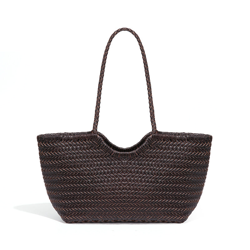 Women's French Retro Authentic Leather Weave Vegetable Basket Tote Bags