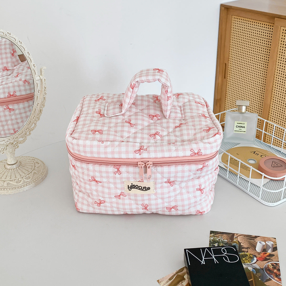 Simple Plaid Korean Style Bow Large Cosmetic Bags