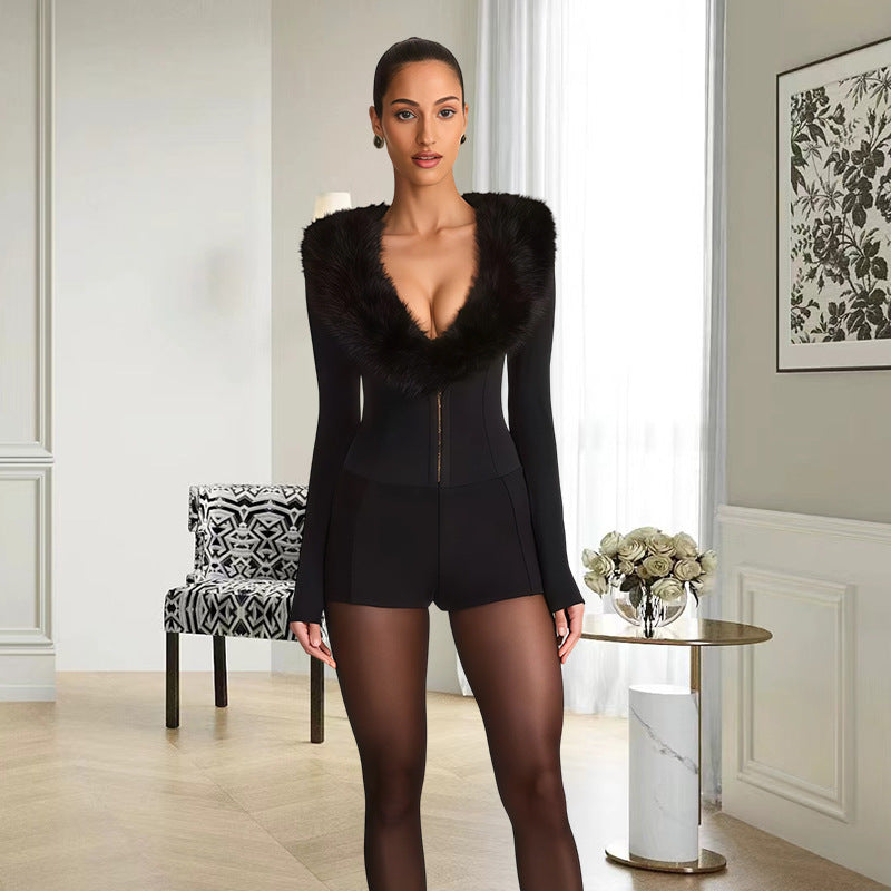 Women's Luxury Fur Collar Sexy Slim Autumn Fashion For Jumpsuits