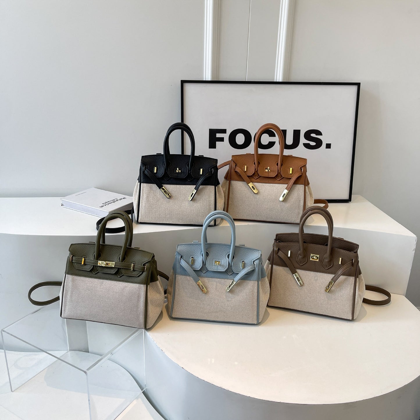 Women's Trendy Summer Lychee Pattern Canvas Contrast Shoulder Bags