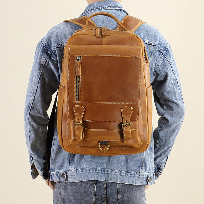 Men's Retro First Layer Cowhide Leather Computer Backpacks
