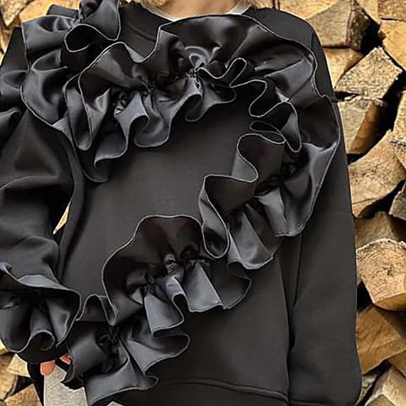 Women's Solid Color Round Neck Ruffled Ladies T-shirt Blouses