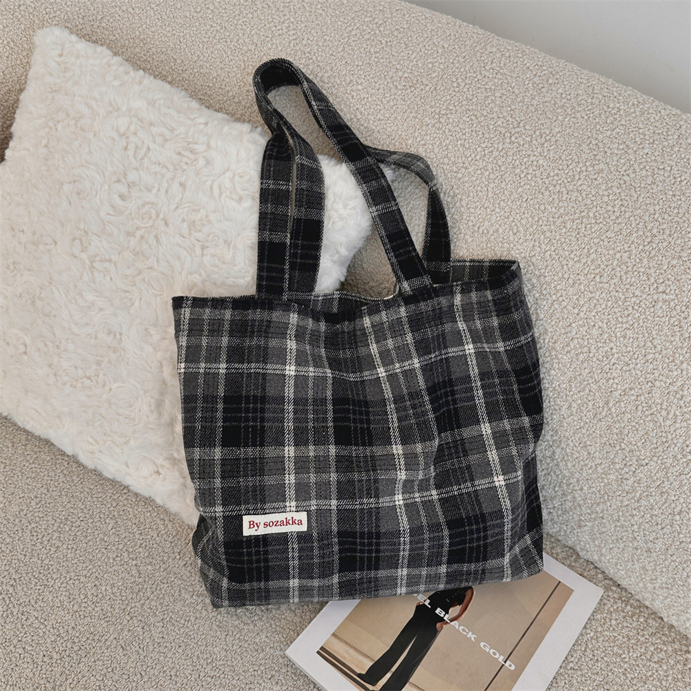 Women's Large Capacity Vintage Woolen Plaid Portable Shoulder Bags