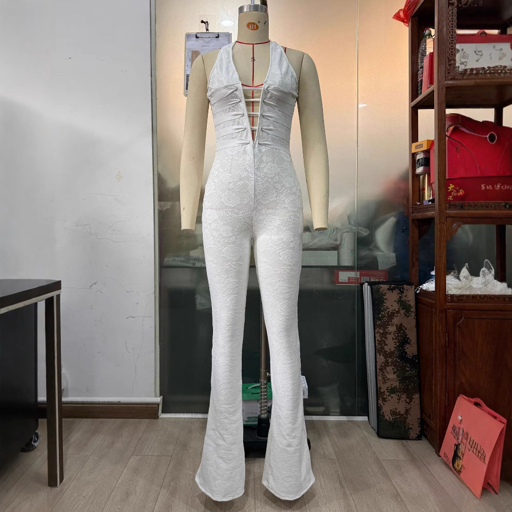 Vacation Style Sexy Lace Trousers Deep Jumpsuits