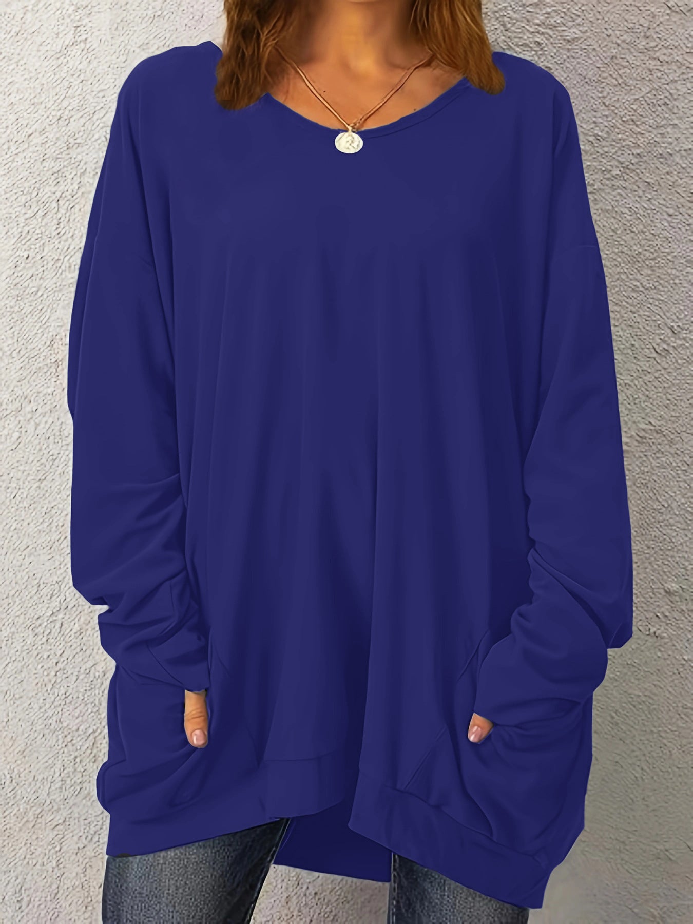 Women's Pullover Long-sleeved Double Pocket Solid Color Tops