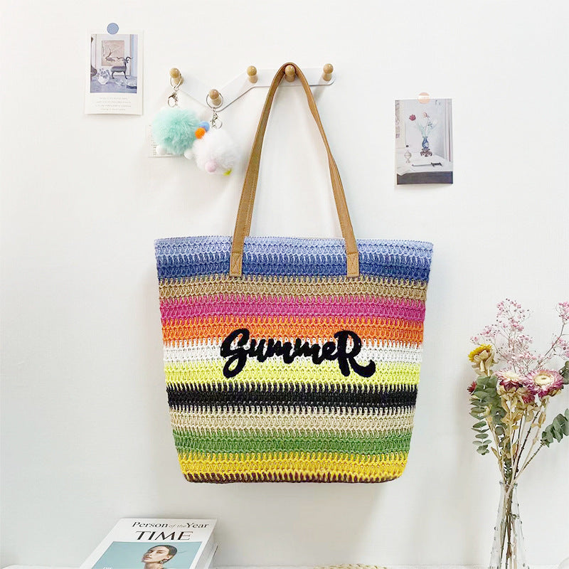 Women's Straw Shopping Striped Letters Beach Shoulder Bags