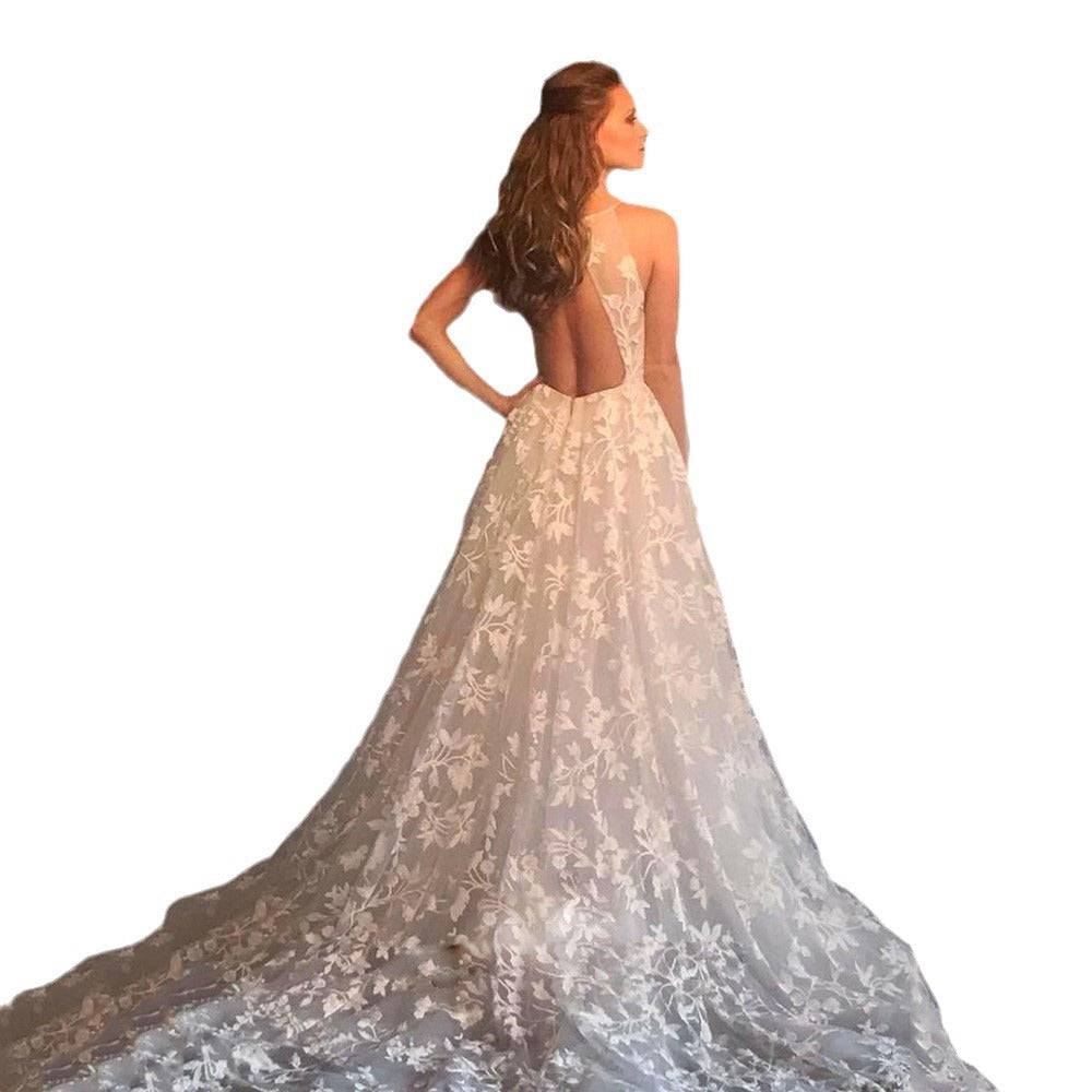 White Long Sexy Strap Hollow Lace Dress