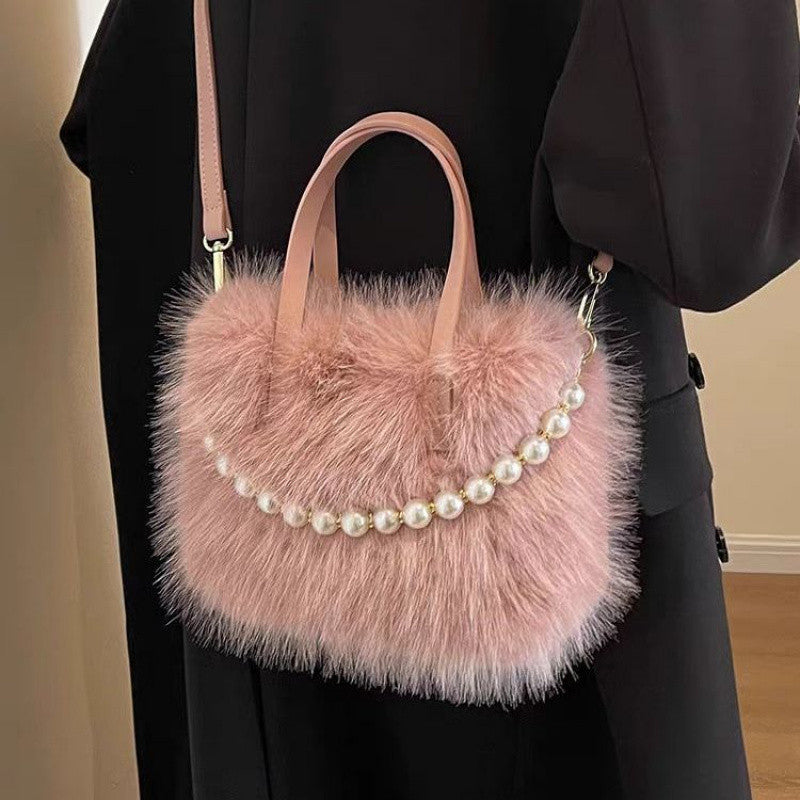 Women's Furry Fashion Pearl Plush Cute Commuter Crossbody Bags