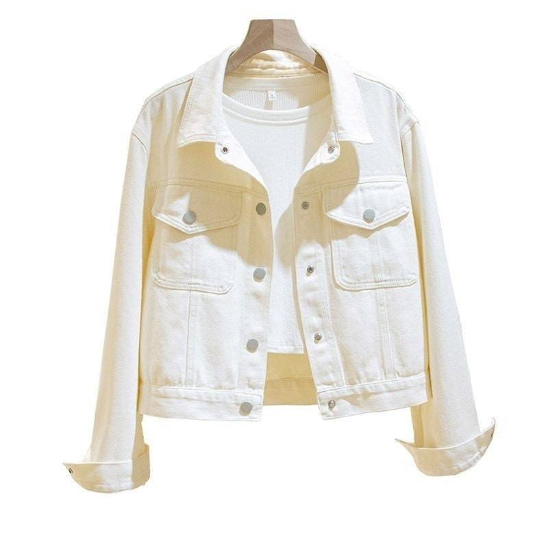White Denim Long Sleeve Casual Loose-fitting Jackets