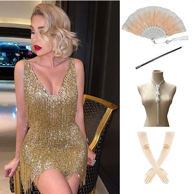 Women's Vintage Sequined Party Dinner Dress Tassel Dresses